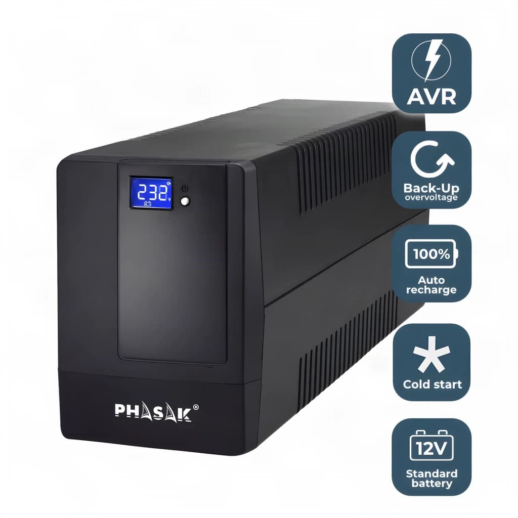 UPS Phasak Esential Interativo 600 VA PH 9464 Preto, vista lateral: ecrã LCD azul e ícones AVR, Back-Up, Auto recharge, Cold