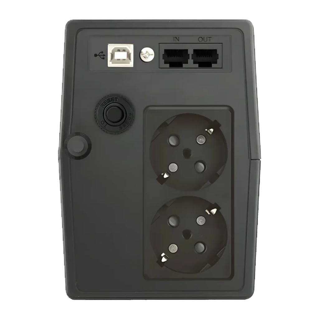 UPS Phasak Esential Interativo 600 VA PH 9464 Preto, vista traseira: porta USB, portas RJ45 IN/OUT e 2 tomadas Schuko