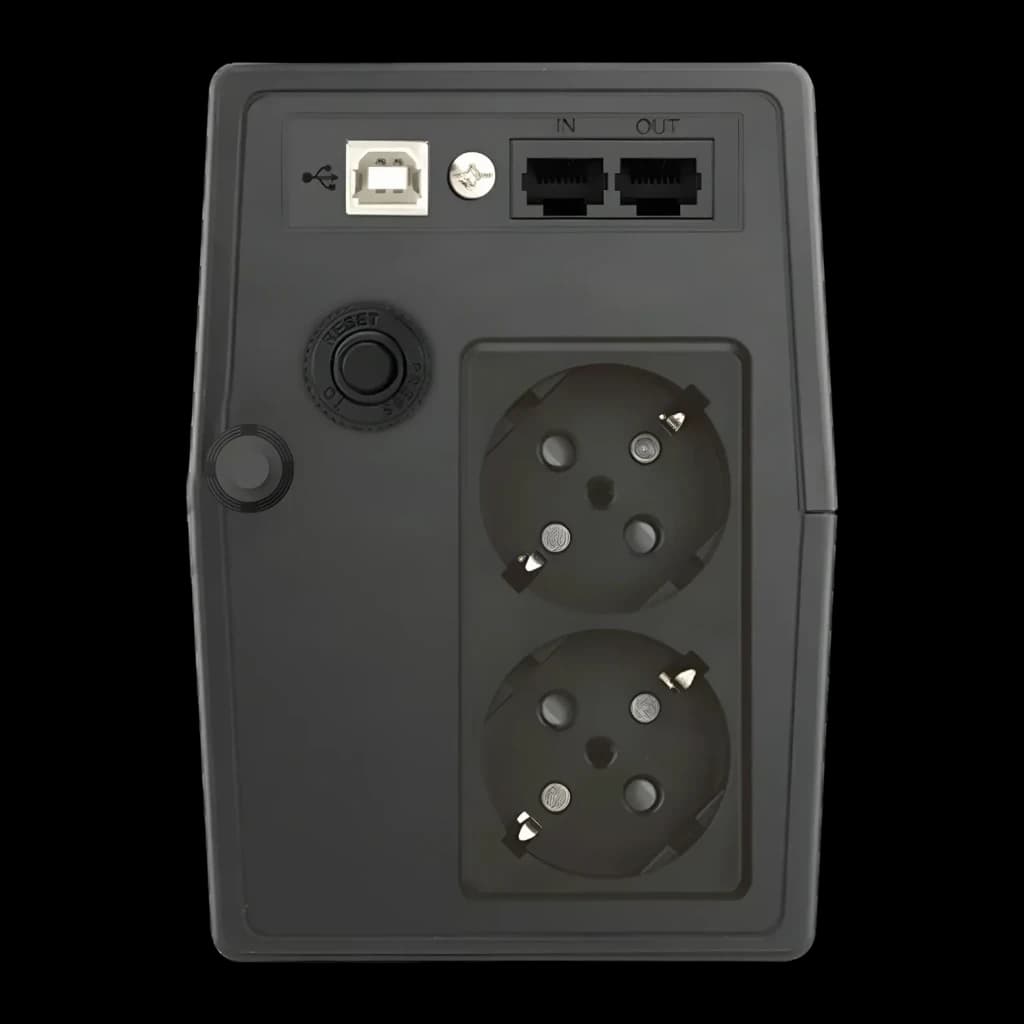 UPS Phasak Esential Interativo 600 VA PH 9464 Preto, vista traseira: porta USB, portas RJ45 IN/OUT e 2 tomadas Schuko