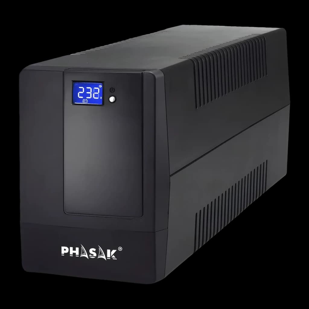 UPS Phasak Esential Interativo 600 VA PH 9464 Preto, detalhe: ecrã LCD azul a mostrar 232 V e grelhas de ventilação laterais