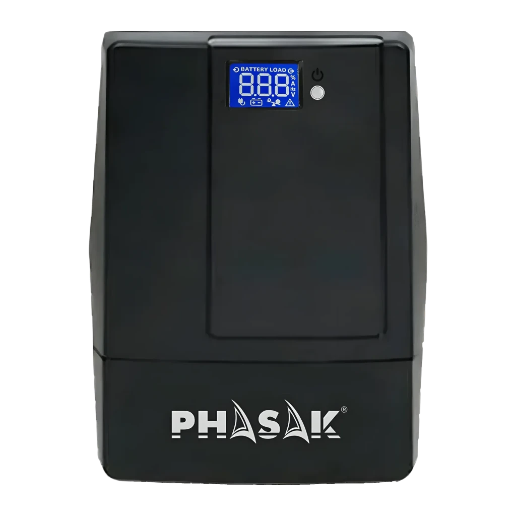 UPS Phasak Esential Interativo 600 VA PH 9464 Preto, detalhe: ecrã LCD azul Battery Load e botão de energia no painel frontal