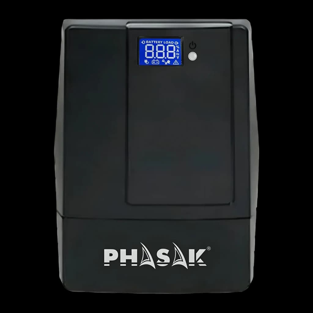 UPS Phasak Esential Interativo 600 VA PH 9464 Preto, detalhe: ecrã LCD azul Battery Load e botão de energia no painel frontal