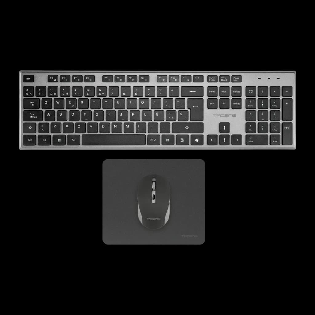 Tacens Zenith Combo Inalámbrico 3en1 DualLink Negro Español, vista superior: teclado plateado y negro con ratón