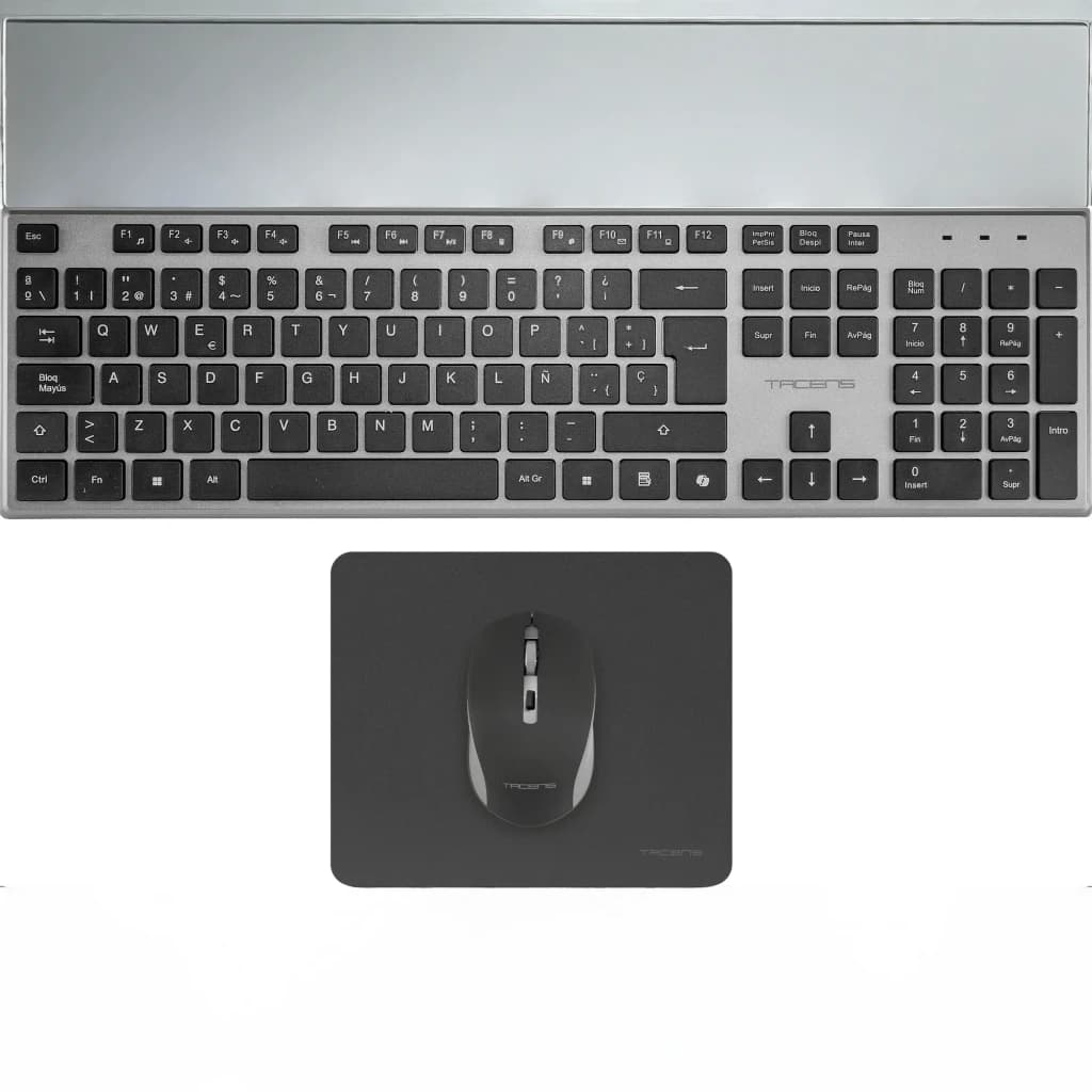 Tacens Zenith Combo Inalámbrico 3en1 DualLink Negro Español, en uso: vista superior de teclado español, ratón y alfombrilla