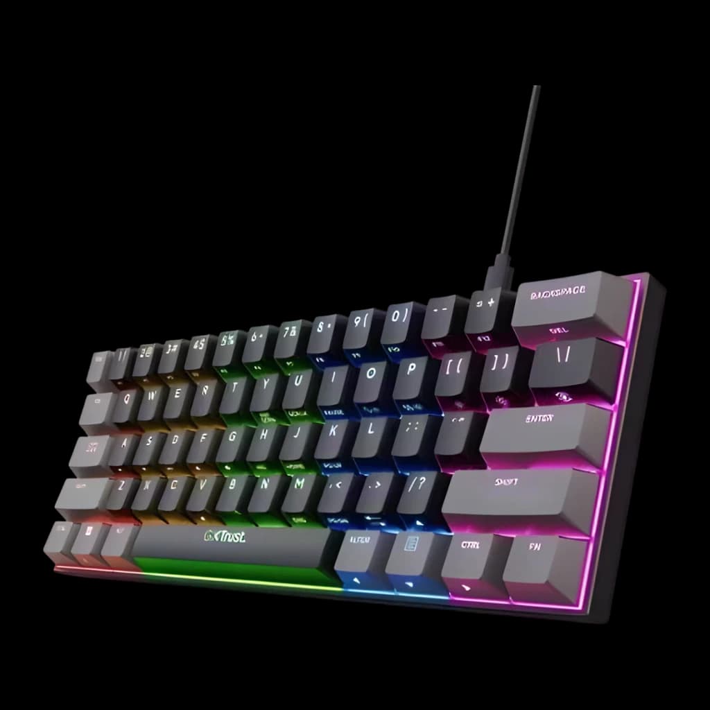 Teclado Gaming Trust Gaming GXT 867 Acira 60% Mecânico Outemu Red RGB Espanhol Preto, vista frontal em ângulo: iluminação