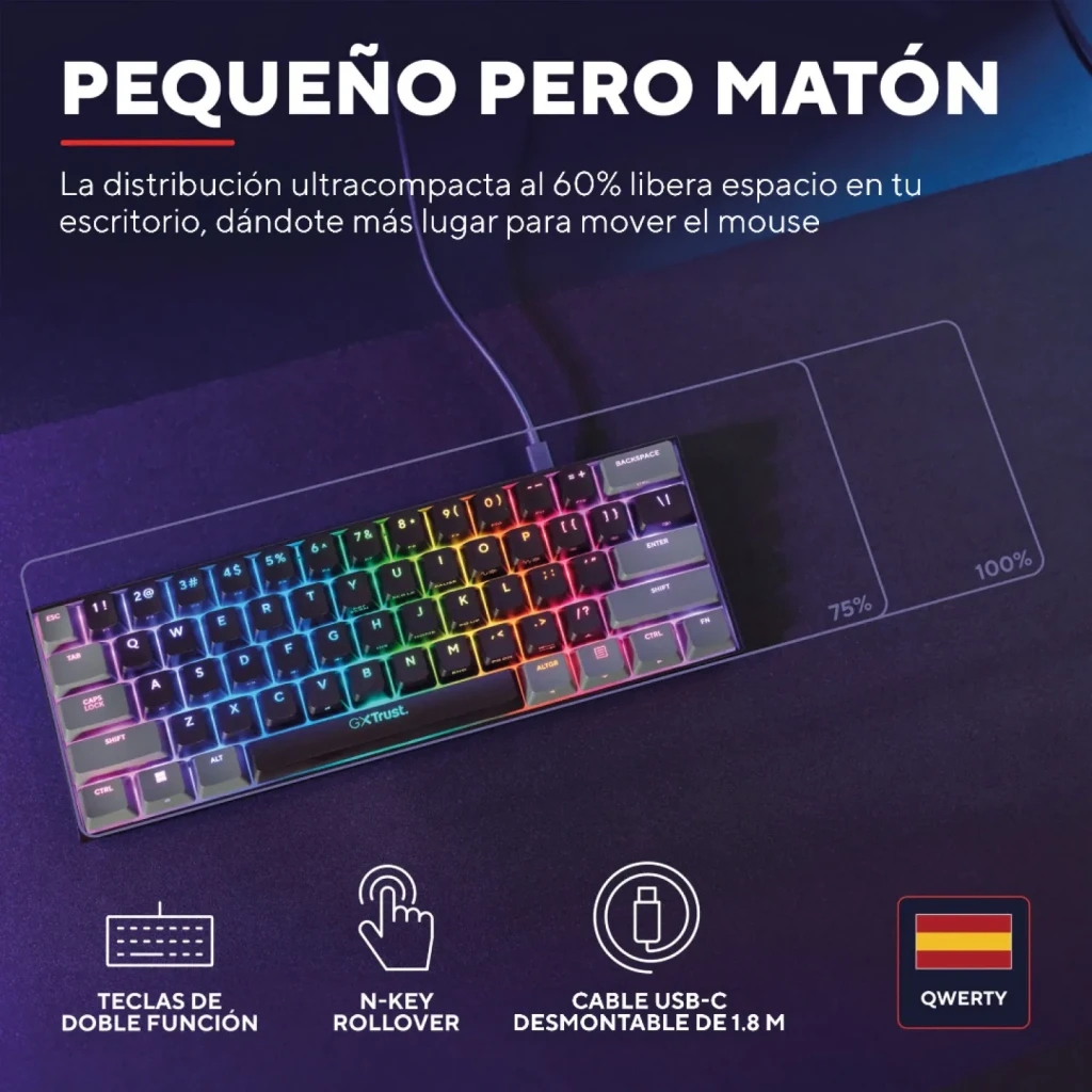 Teclado Gaming Trust Gaming GXT 867 Acira 60% Mecânico Outemu Red RGB Espanhol Preto, vista superior: retroiluminação RGB