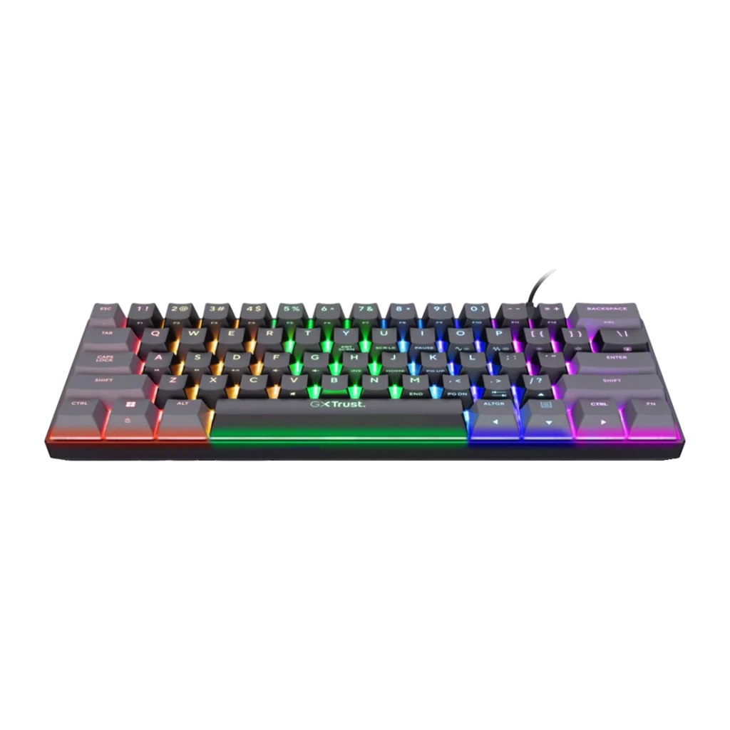 Teclado Gaming Trust Gaming GXT 867 Acira 60% Mecânico Outemu Red RGB Espanhol Preto, vista frontal em ângulo