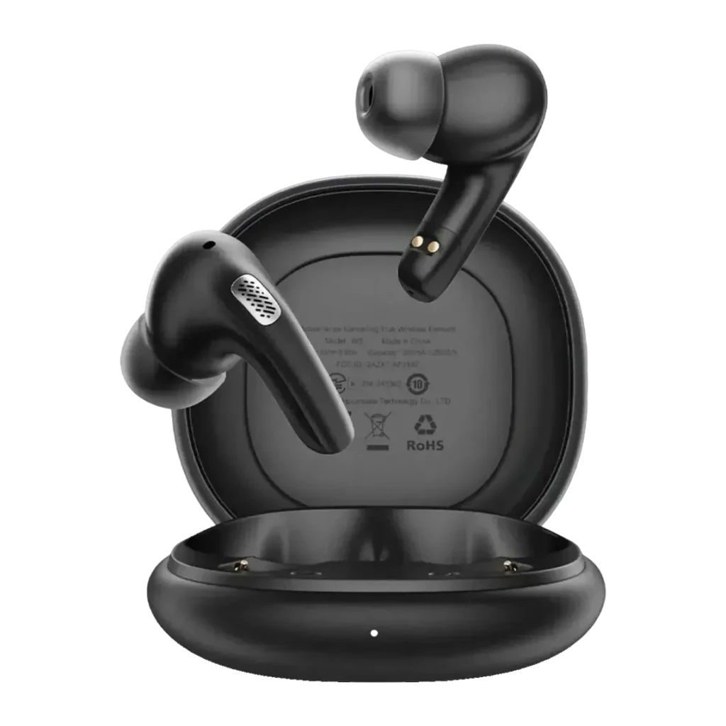 Écouteurs Acefast W3 Réduction de Bruit TWS Bluetooth 5.4 30h IPX4, vue frontale: boîtier noir ouvert avec deux écouteurs