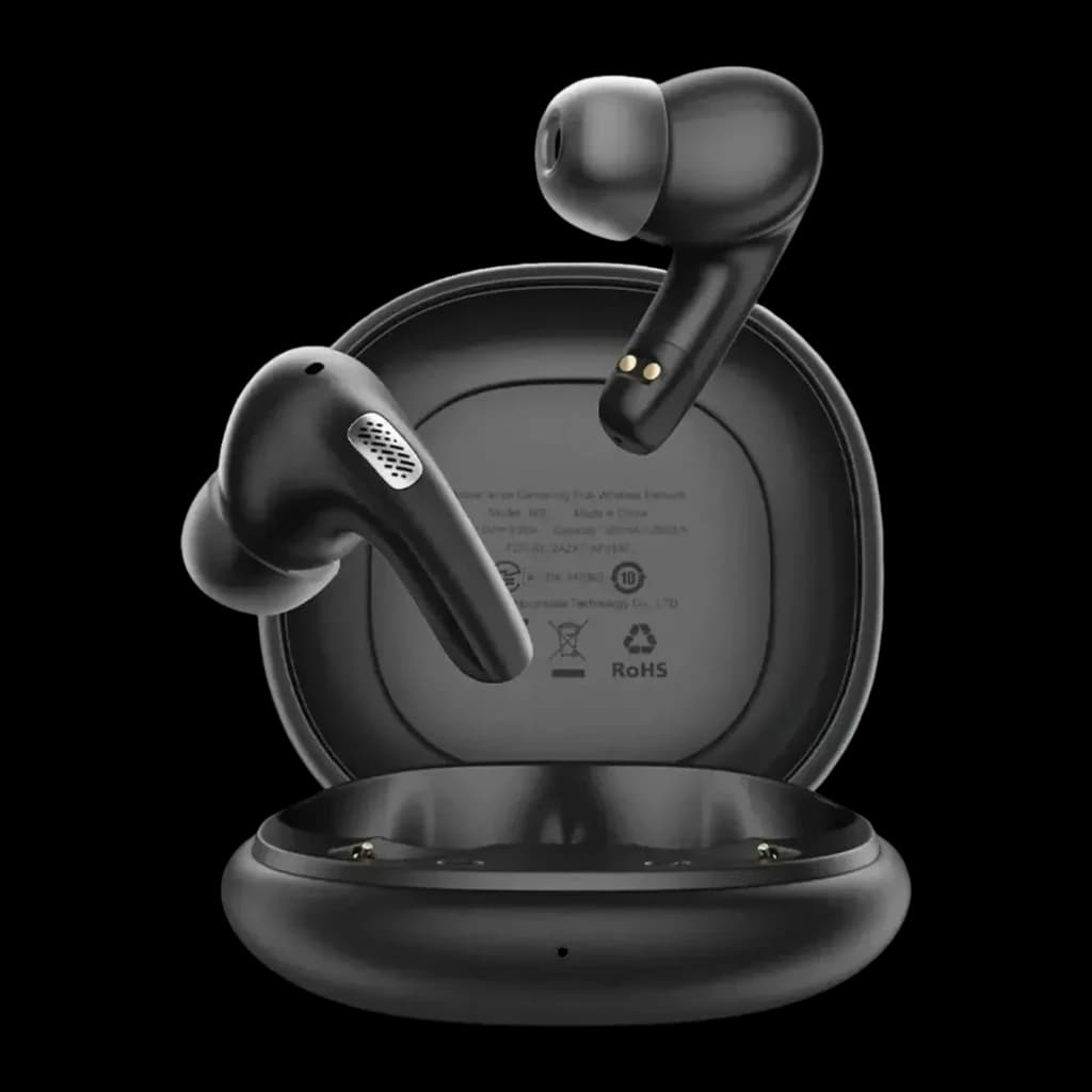 Écouteurs Acefast W3 Réduction de Bruit TWS Bluetooth 5.4 30h IPX4, vue frontale: boîtier noir ouvert avec deux écouteurs