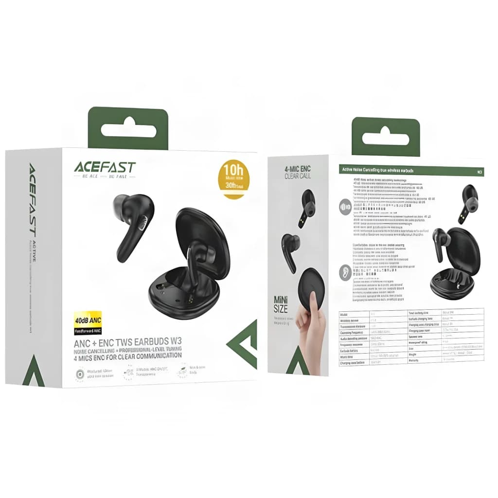 Écouteurs Acefast W3 Réduction de Bruit TWS Bluetooth 5.4 30h IPX4, contenu de la boîte: packaging noir recto verso