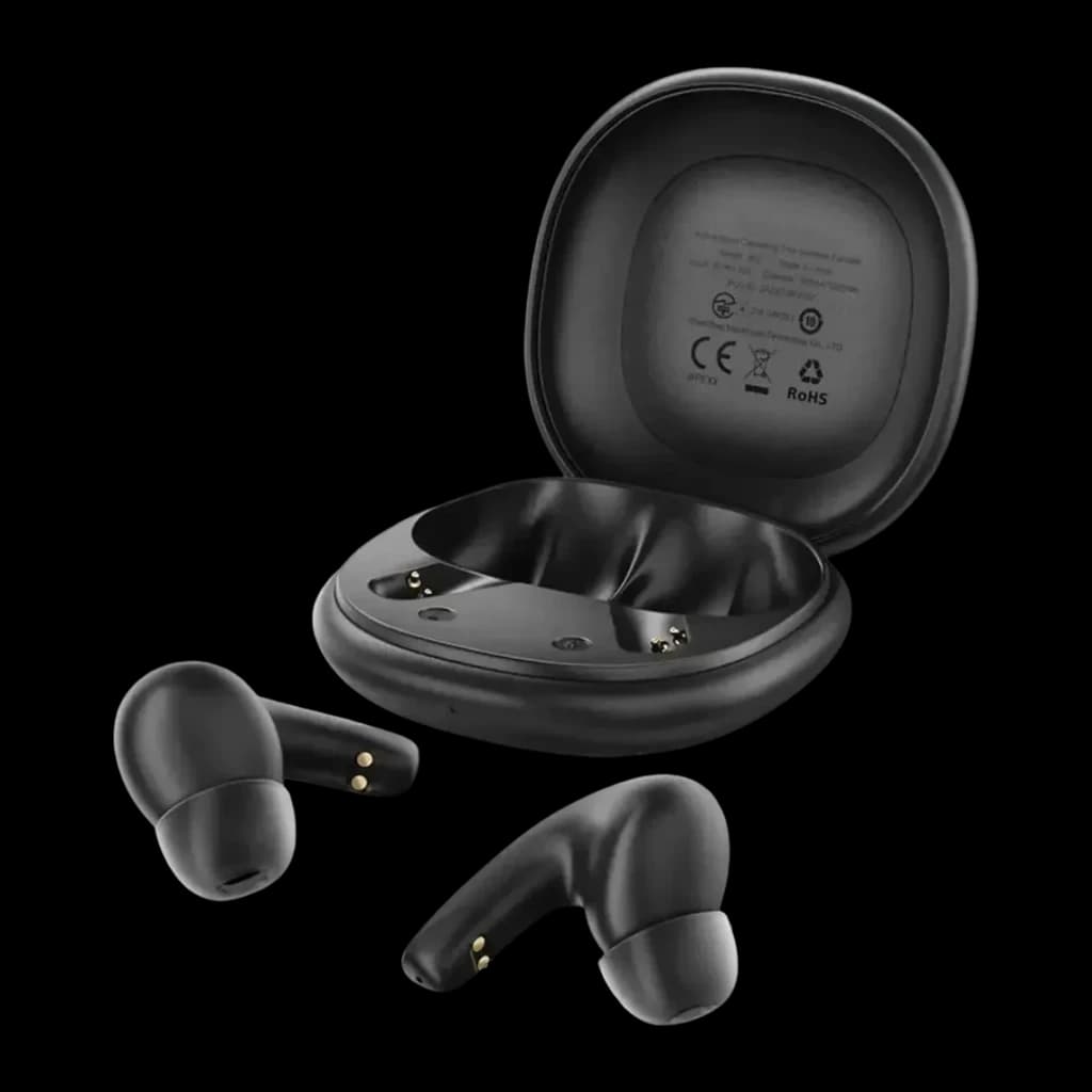 Écouteurs Acefast W3 Réduction de Bruit TWS Bluetooth 5.4 30h IPX4 noirs, détail: écouteurs sortis près du boîtier ouvert
