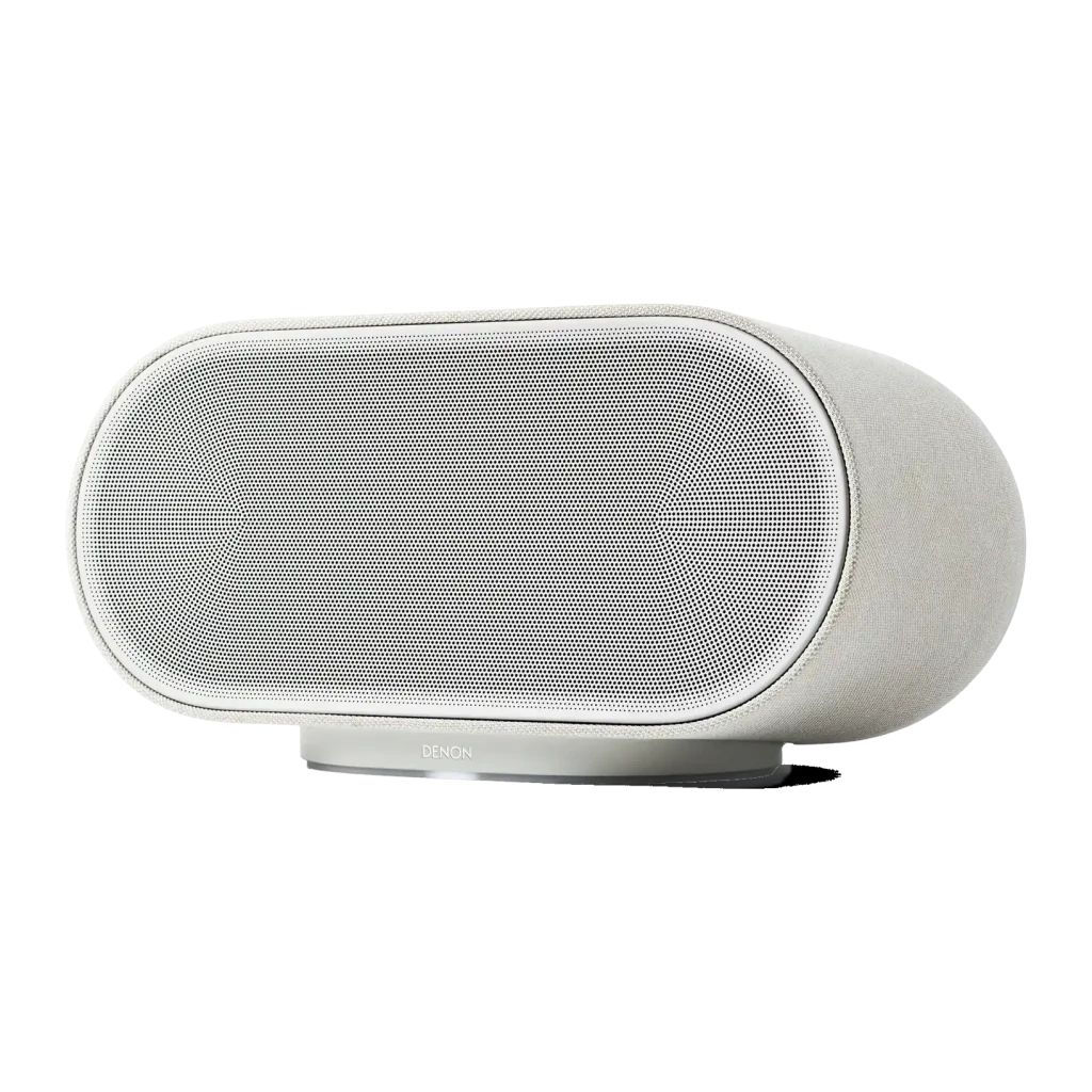 Altavoz inteligente Denon Home 600 Dolby Atmos Music WiFi 6 AirPlay 2 Bluetooth Plata, vista frontal en ángulo: rejilla