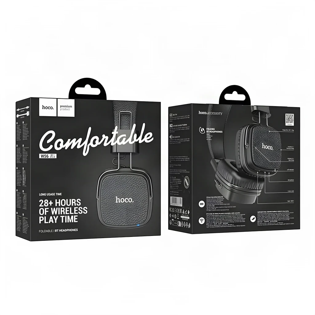 Auriculares Hoco W56 Earl Diadema Bluetooth 5.4 28h, contenido de la caja: cajas delantera y trasera negras con auriculares