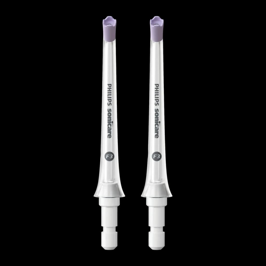 Embouts de rechange Philips Sonicare Power Flosser Quad Stream F3 Blanc HX3062/00, vue avant: 2 embouts avec pointe lilas