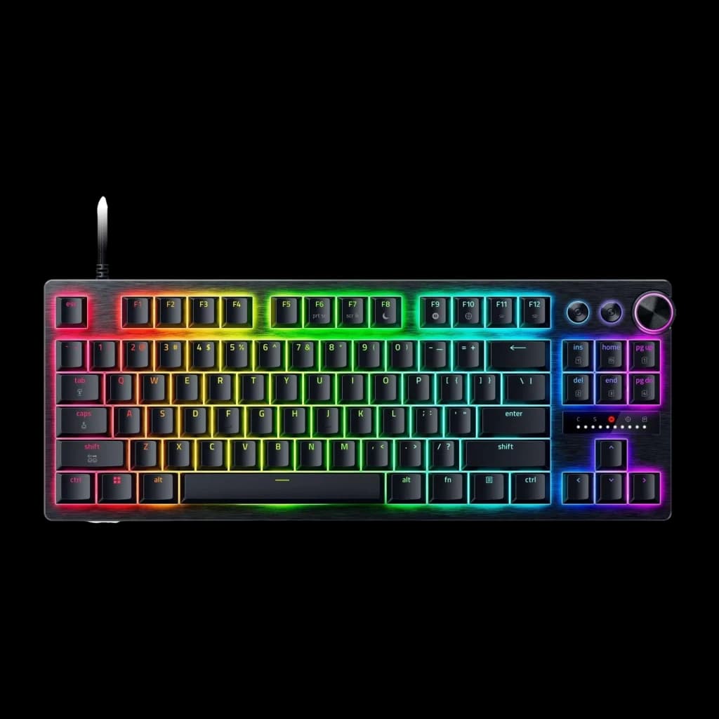 Teclado Gaming Razer Huntsman V3 Pro Low-Profile Tenkeyless Negro, vista frontal: iluminación RGB multicolor, dial y teclas