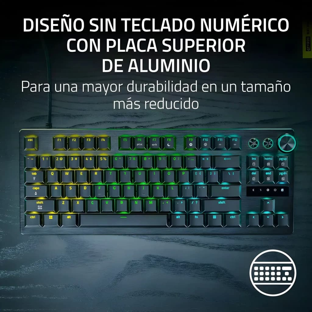 Teclado Gaming Razer Huntsman V3 Pro Low-Profile Tenkeyless Negro, vista superior: placa de aluminio con retroiluminación