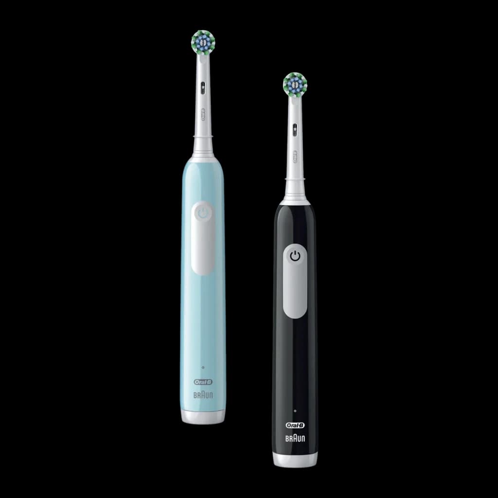 Brosse à dents électrique Oral-B Pro 1 Duopack Oscillante 3D 240h 3 Modes Bleu/Noir, vue de face: deux brosses debout, bleue
