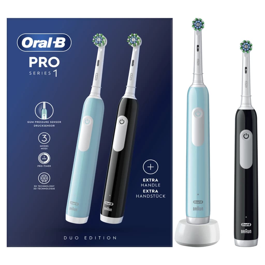 Brosse à dents électrique Oral-B Pro 1 Duopack Oscillante 3D 240h 3 Modes Bleu/Noir, contenu de la boîte: boîte Duo Edition