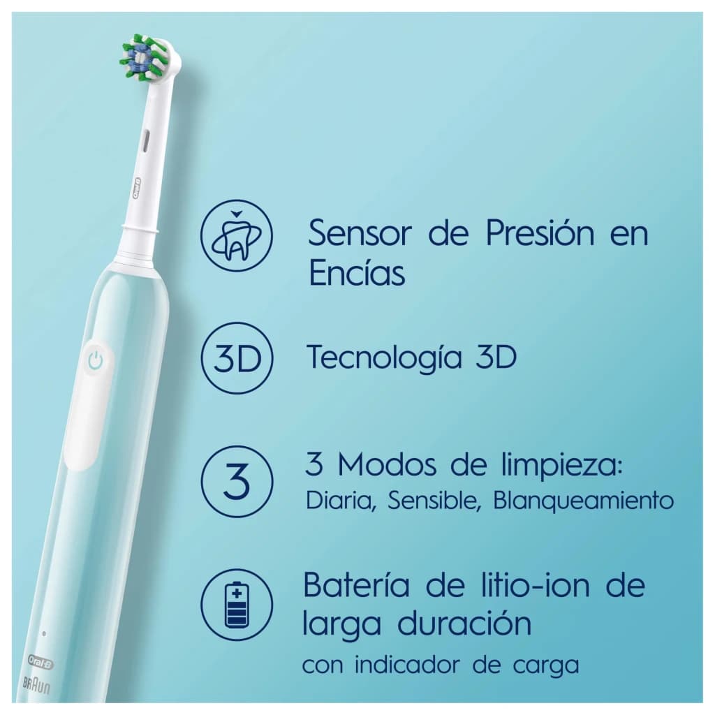 Brosse à dents électrique Oral-B Pro 1 Duopack Oscillante 3D 240h 3 Modes Bleu/Noir, infographie: capteur pression, 3D, 3
