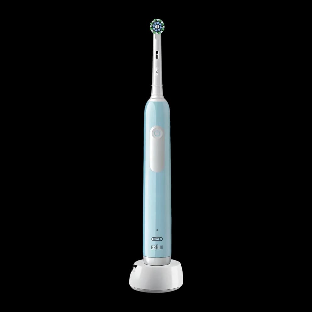 Brosse à dents électrique Oral-B Pro 1 Duopack Oscillante 3D 240h 3 Modes Bleu/Noir, détail: manche bleu avec bouton marche