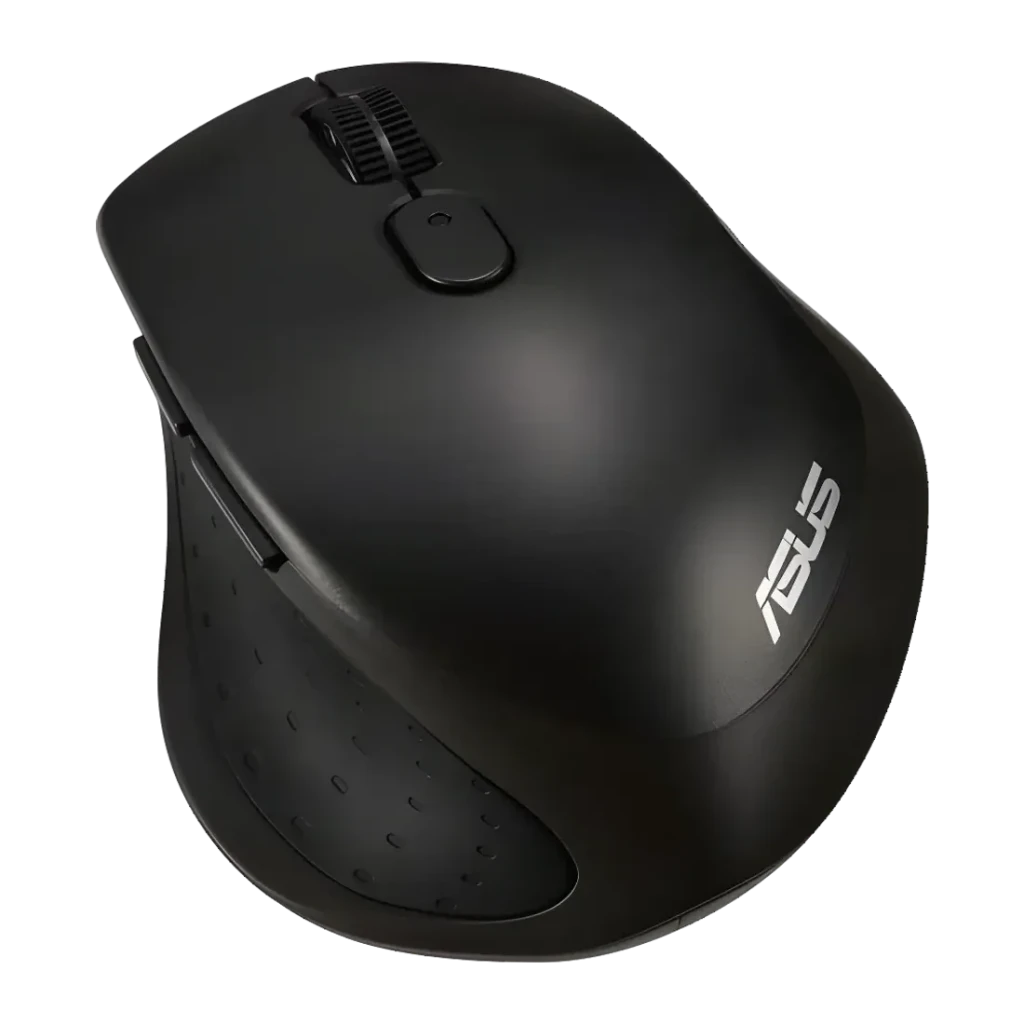 Ratón ASUS MW203 Azul Inalámbrico RF Wireless + Bluetooth, vista superior en ángulo: logo ASUS, rueda y botón DPI visibles