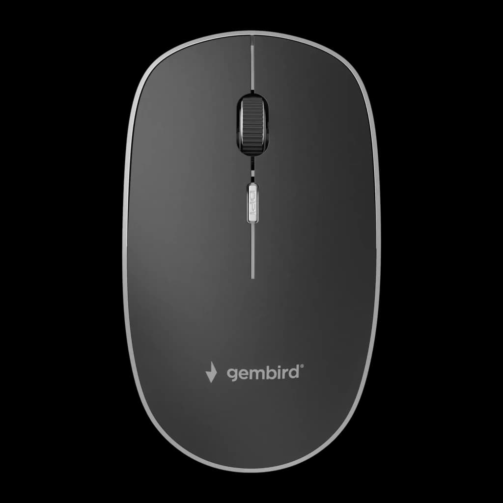 Ratón inalámbrico Gembird Blanco MUSW-4B-01, vista superior: cuerpo negro con borde gris, rueda central y logo Gembird