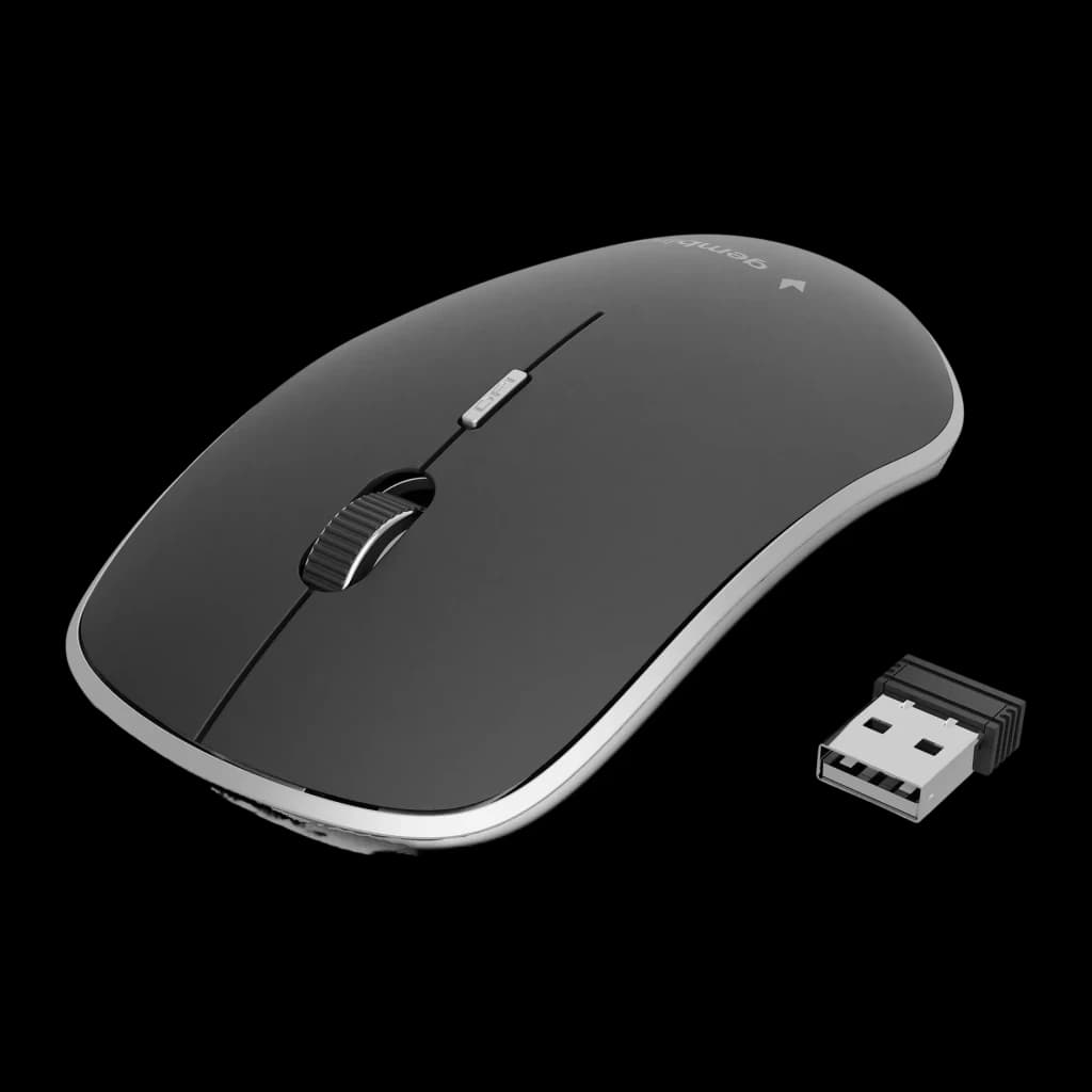 Ratón inalámbrico Gembird Blanco MUSW-4B-01, vista diagonal: cuerpo gris con borde plateado y nano receptor USB