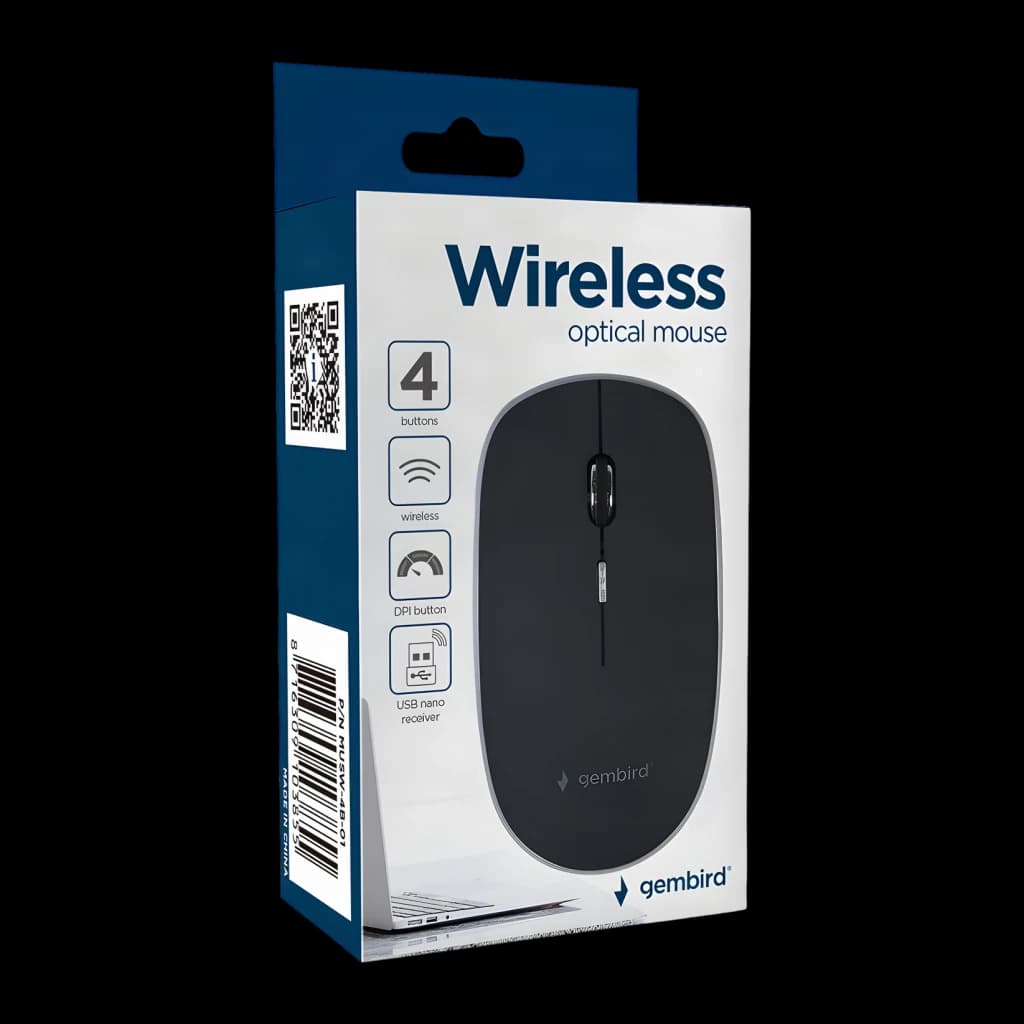 Ratón inalámbrico Gembird Blanco MUSW-4B-01, caja: packaging frontal con ratón negro, iconos 4 botones y receptor USB nano