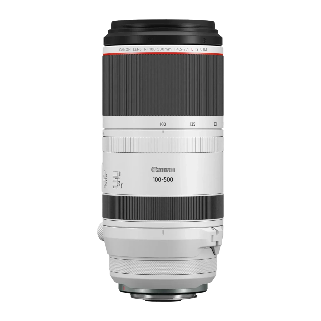 Objetivo fotográfico Canon RF 100-500mm L IS USM 7.1L Negro F4.5-7.1, vista frontal: cuerpo blanco y negro con anillo rojo
