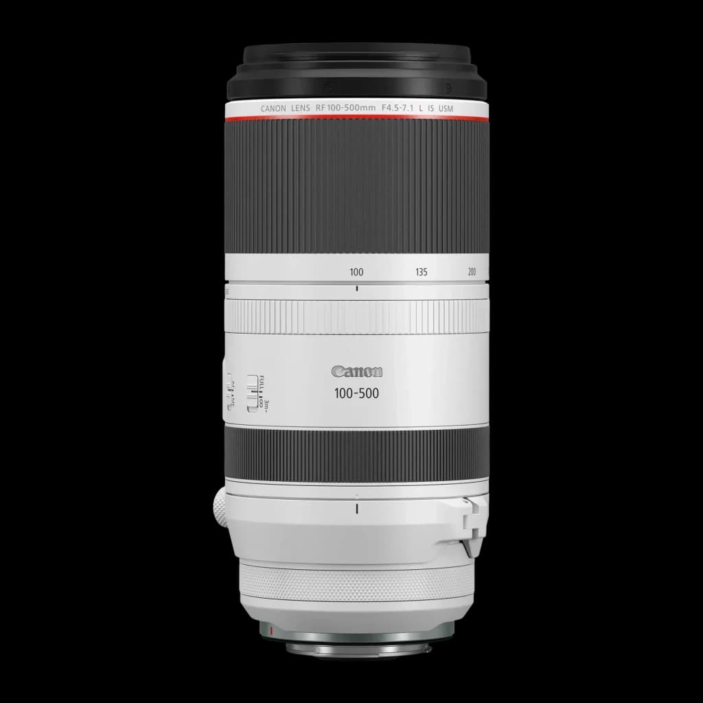 Objetivo fotográfico Canon RF 100-500mm L IS USM 7.1L Negro F4.5-7.1, vista frontal: cuerpo blanco y negro con anillo rojo