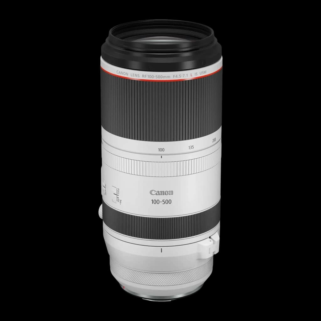 Objetivo fotográfico Canon RF 100-500mm L IS USM 7.1L Negro F4.5-7.1, vista frontal: cuerpo blanco y negro con anillo rojo