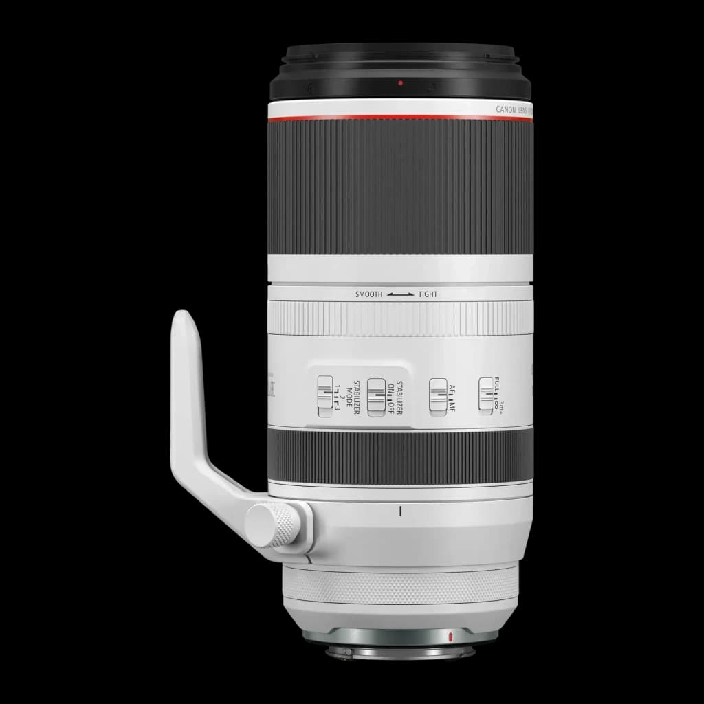 Objetivo fotográfico Canon RF 100-500mm L IS USM 7.1L Negro F4.5-7.1, vista lateral: anilla roja, trípode y switches