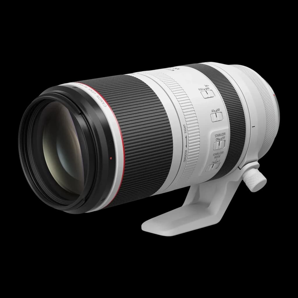 Objetivo fotográfico Canon RF 100-500mm L IS USM 7.1L Negro F4.5-7.1, vista lateral: anillo zoom, controles IS y trípode