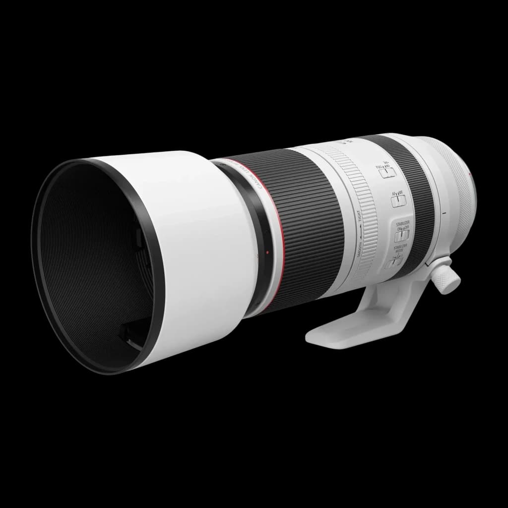 Objetivo fotográfico Canon RF 100-500mm L IS USM 7.1L Negro F4.5-7.1, vista lateral: parasol, anillo zoom y trípode visibles