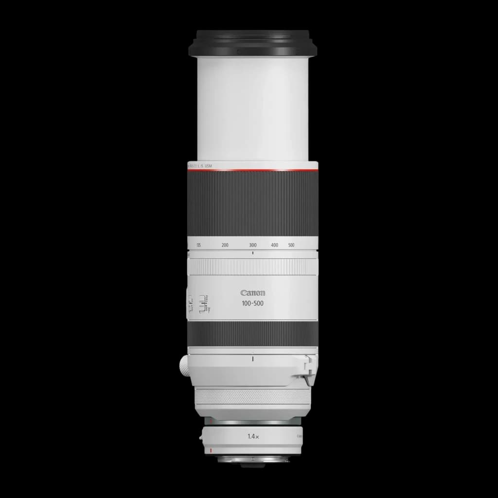 Objetivo fotográfico Canon RF 100-500mm L IS USM 7.1L Negro F4.5-7.1, vista frontal: cuerpo blanco extendido con anillo rojo