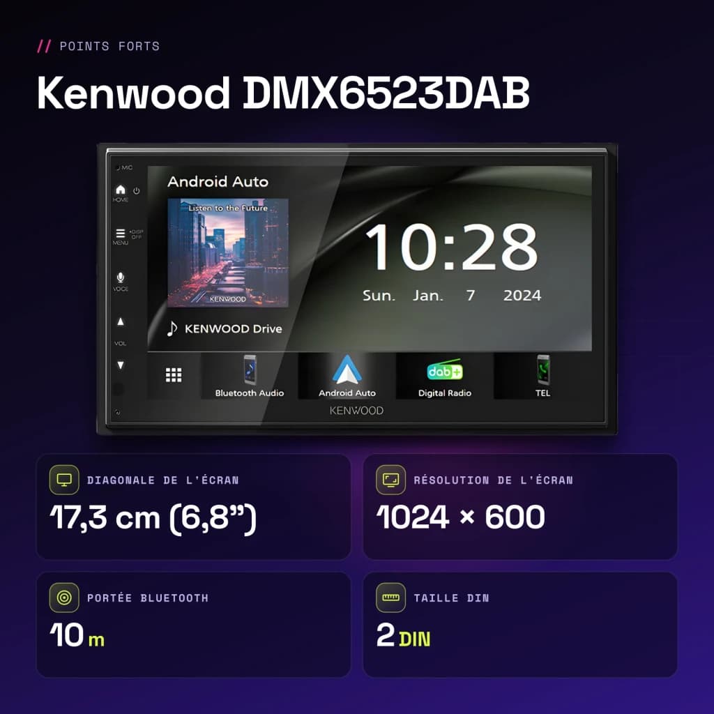 Autoradio Kenwood 6,8 pouces DAB+ CarPlay Android Auto Sans Fil Bluetooth WiFi Noir DMX6523DABS - caractéristiques