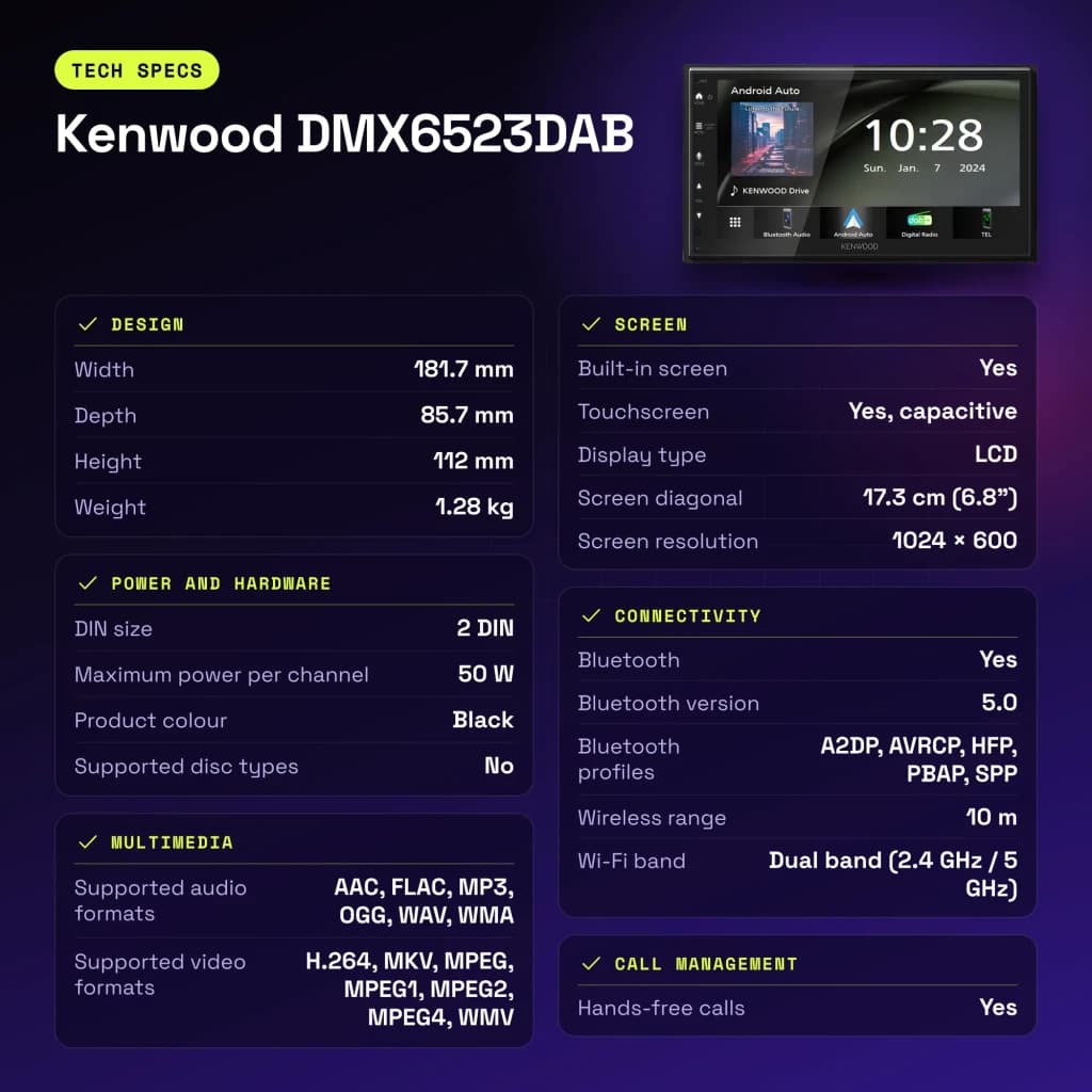 Autoradio Kenwood 6,8 pouces DAB+ CarPlay Android Auto Sans Fil Bluetooth WiFi Noir DMX6523DABS - caractéristiques