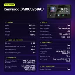 Autoradio Kenwood 6,8 pouces DAB+ CarPlay Android Auto Sans Fil Bluetooth WiFi Noir DMX6523DABS - caractéristiques