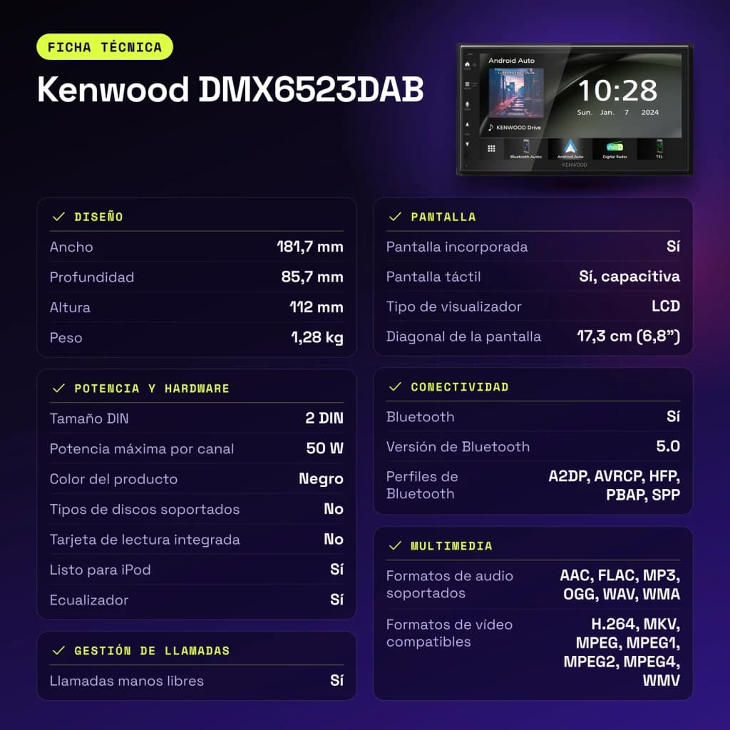 Autoradio Kenwood 6,8 pouces DAB+ CarPlay Android Auto Sans Fil Bluetooth WiFi Noir DMX6523DABS - caractéristiques