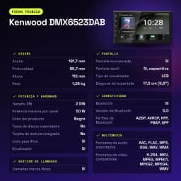 Autoradio Kenwood 6,8 pouces DAB+ CarPlay Android Auto Sans Fil Bluetooth WiFi Noir DMX6523DABS - caractéristiques