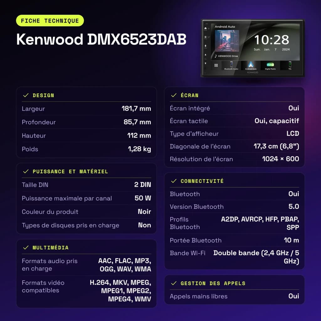 Autoradio Kenwood 6,8 pouces DAB+ CarPlay Android Auto Sans Fil Bluetooth WiFi Noir DMX6523DABS - caractéristiques