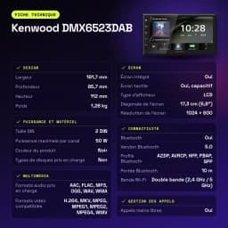 Autoradio Kenwood 6,8 pouces DAB+ CarPlay Android Auto Sans Fil Bluetooth WiFi Noir DMX6523DABS - caractéristiques