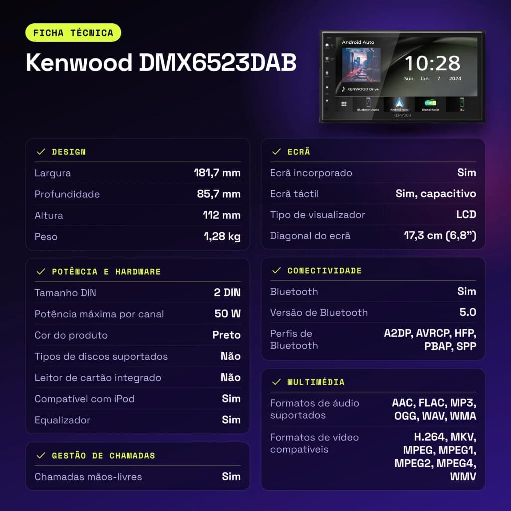 Autoradio Kenwood 6,8 pouces DAB+ CarPlay Android Auto Sans Fil Bluetooth WiFi Noir DMX6523DABS - caractéristiques
