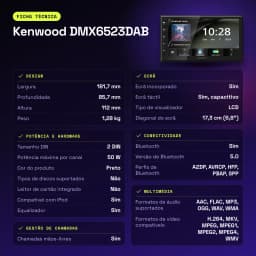 Autoradio Kenwood 6,8 pouces DAB+ CarPlay Android Auto Sans Fil Bluetooth WiFi Noir DMX6523DABS - caractéristiques