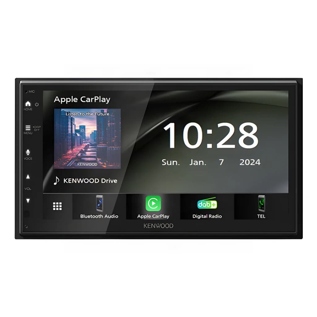 Autoradio Kenwood Noir CarPlay Android Auto Sans Fil 6.8 pouces DMX6523DAB, face avant: écran avec interface Apple CarPlay