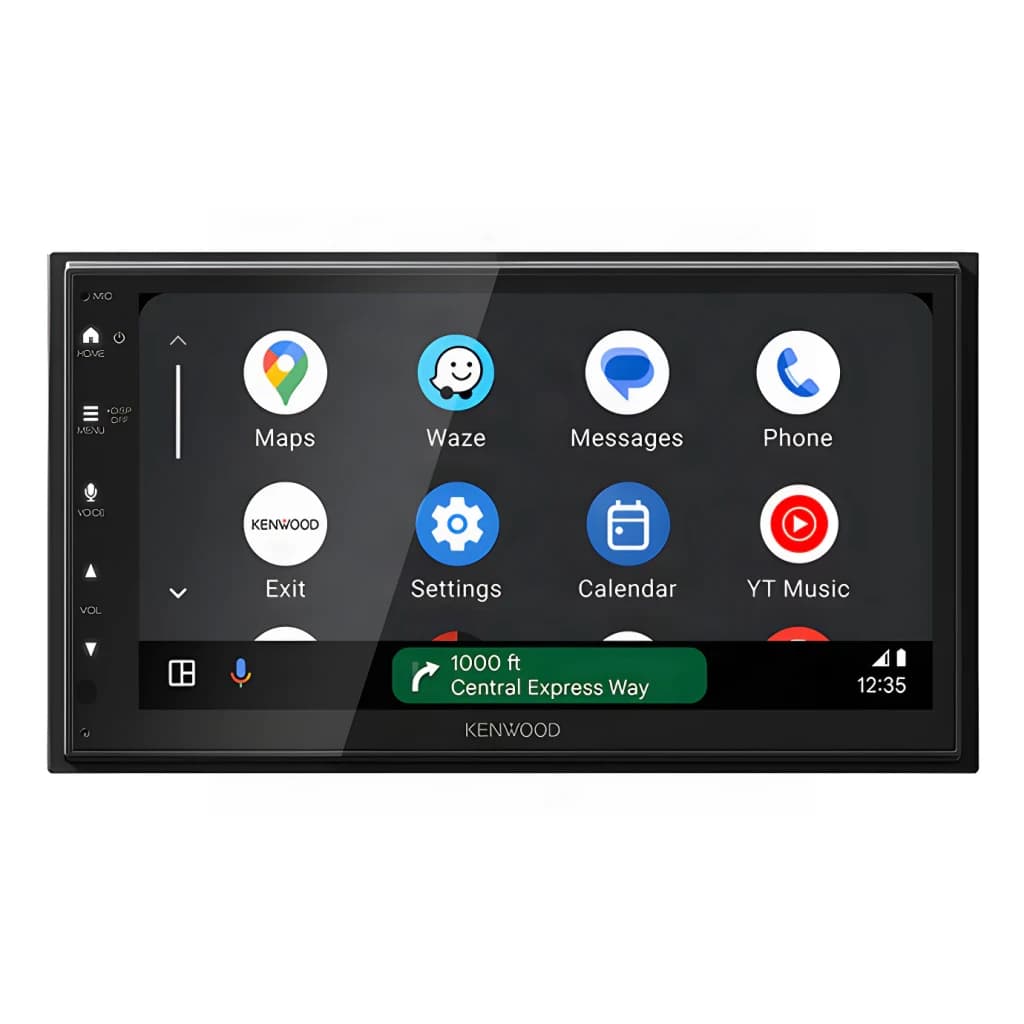 Autoradio Kenwood Noir CarPlay Android Auto Sans Fil 6.8 pouces DMX6523DAB, face avant: écran affichant l'interface Android