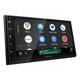 Autoradio Kenwood Noir CarPlay Android Auto Sans Fil 6.8 pouces DMX6523DAB, vue avant en angle: écran affichant l'interface