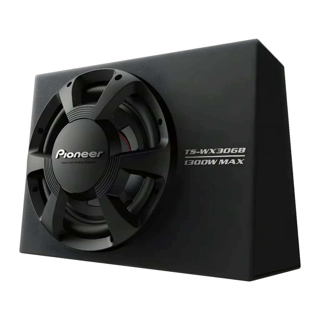 Caisson de basse pour voiture Pioneer 30 cm (12 pouces) Passif 350W RMS Noir TS-WX306B, détail: caisson compact en angle