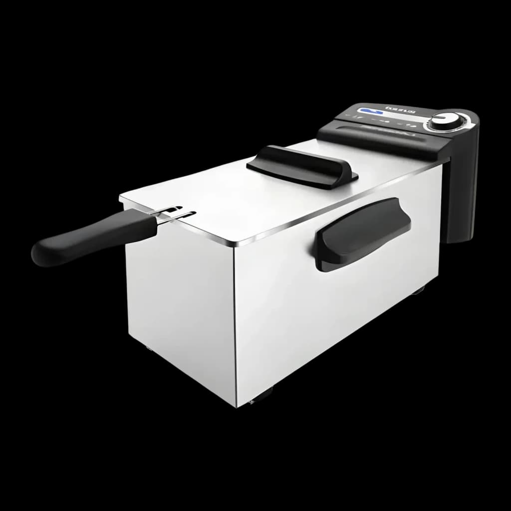 Friteuse à huile Taurus Professional 4 4L 2200W Noir/Blanc, vue en perspective: corps inox, poignée noire et panneau