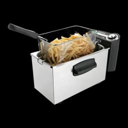 Friteuse à huile Taurus Professional 4 4L 2200W Noir/Blanc, vue en perspective: panier sorti avec frites, corps inox